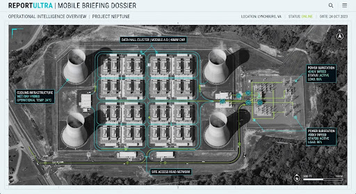 Overhead illustration of an industrial power and data-centre site