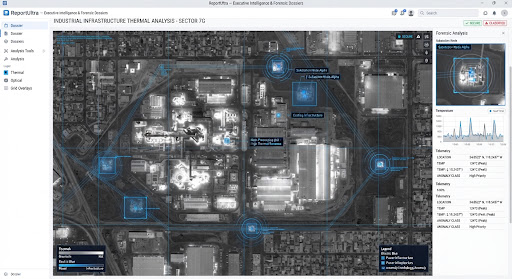 Monochrome overhead view of industrial heat signatures and substation nodes