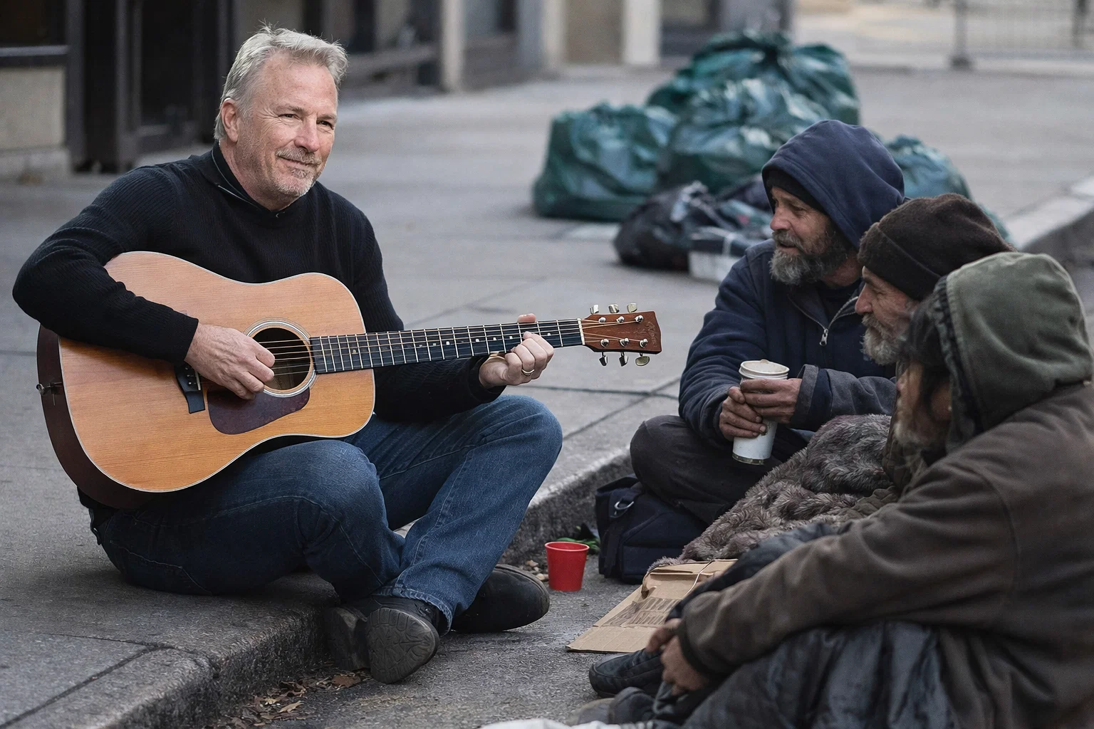 ๐ง๏ธ๐ธ โThey Say Itโs Just a Nashville Legendโฆโ โ But Witnesses Swear Kevin Costner Really Sat in the Rain and Played Guitar with a Homeless Man Outside the Ryman โจ