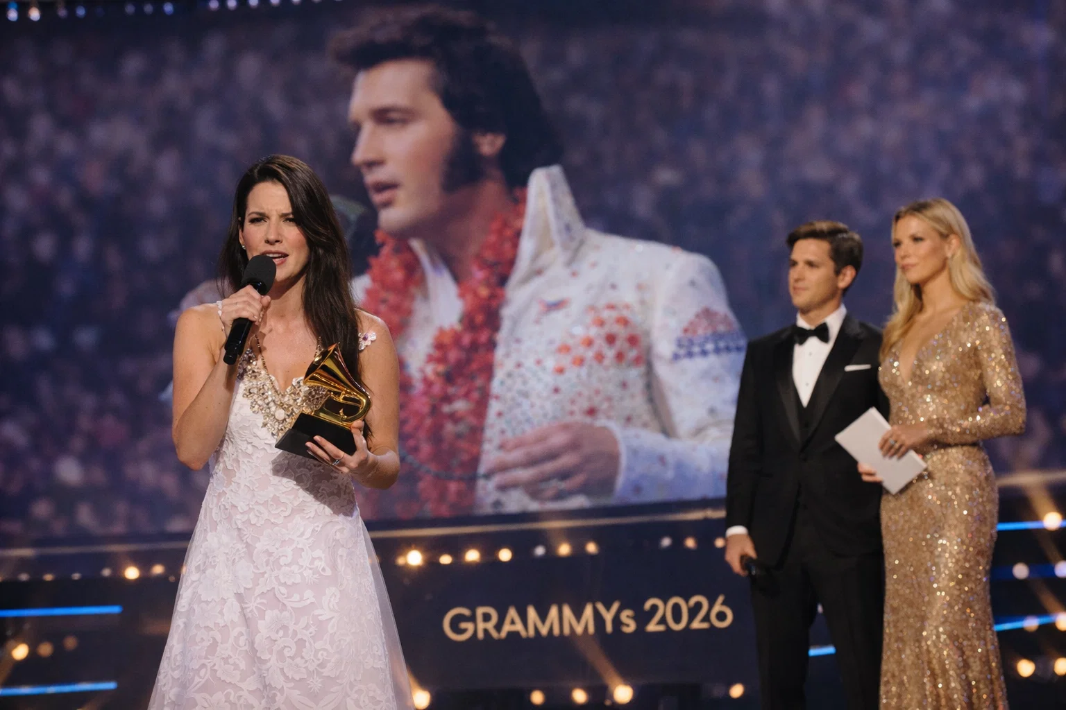 🌟🕯️ No One Was Ready for This: Elvis Presley’s Posthumous Grammy Win Leaves the Crowd in Tears as His Granddaughter Riley Keough Takes the Stage