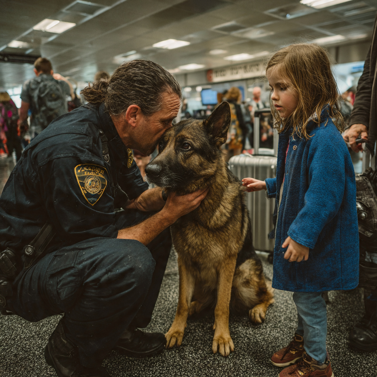 “A POLICE DOG FROZE IN THE AIRPORT. THEN A LITTLE GIRL TAPPED HIS HEAD. WHAT HAPPENED NEXT MADE EVERY TRAVELER STOP. HAVE YOU EVER WITNESSED A SILENT CRY FOR HELP?